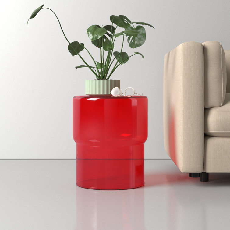 Cherry Red Round Glass Drum End Table