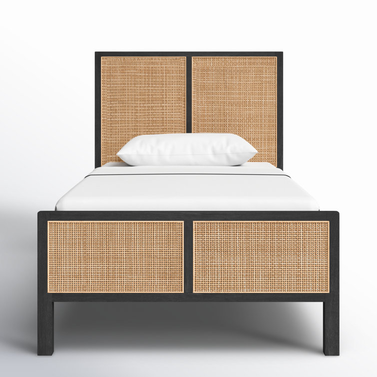 Twin Black-Brown Mango Wood & Cane Panel Bed with Slats
