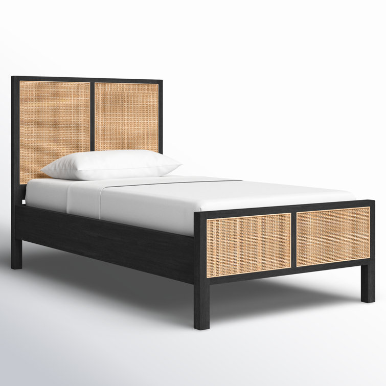Twin Black-Brown Mango Wood & Cane Panel Bed with Slats