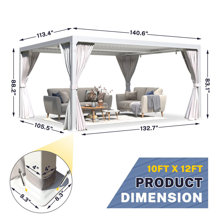 White Aluminum 10x12 Pergola with Adjustable Roof and Curtains