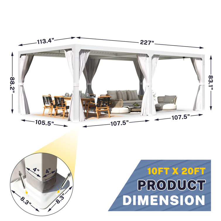 White Aluminum Outdoor Pergola with Adjustable Louver Roof, 20 ft x 10 ft