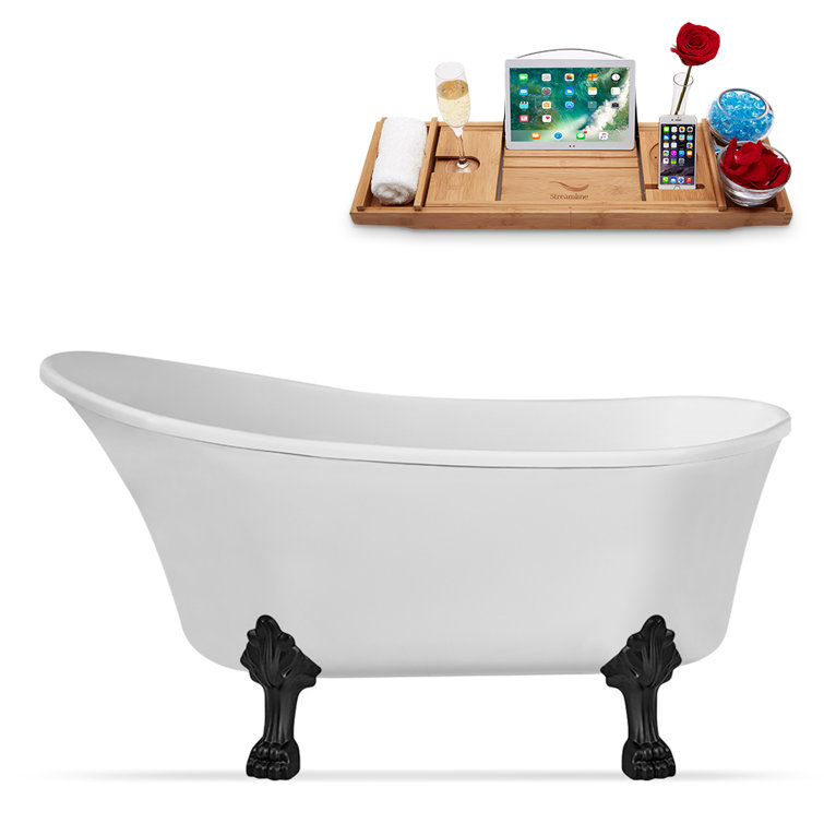 59" Glossy White Acrylic Clawfoot Soaking Bathtub with Matte Black Feet