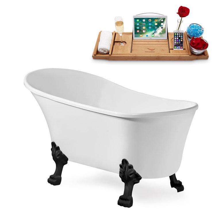59" Glossy White Acrylic Clawfoot Soaking Bathtub with Matte Black Feet