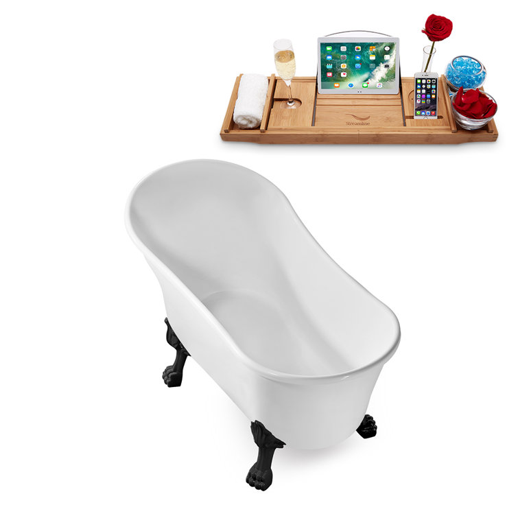 59" Glossy White Acrylic Clawfoot Soaking Bathtub with Matte Black Feet