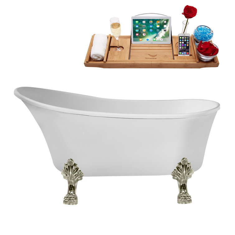 63" White Acrylic Clawfoot Soaking Bathtub with Nickel Feet