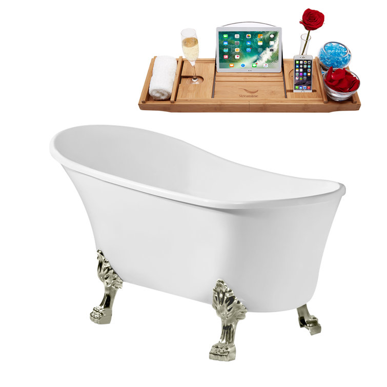 63" White Acrylic Clawfoot Soaking Bathtub with Nickel Feet