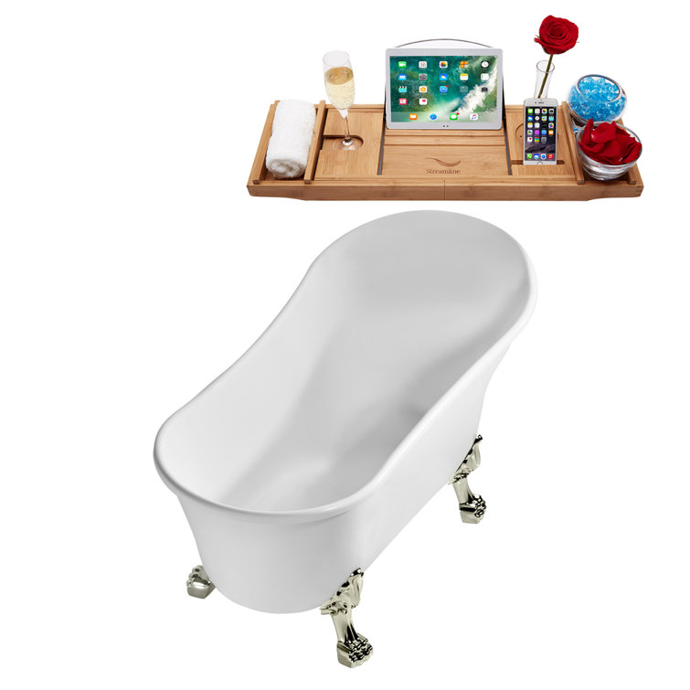 63" White Acrylic Clawfoot Soaking Bathtub with Nickel Feet
