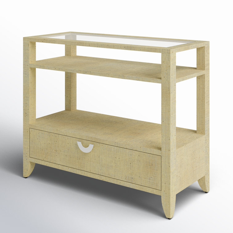 Ocean Blue Raffia and Glass Console Table with Storage