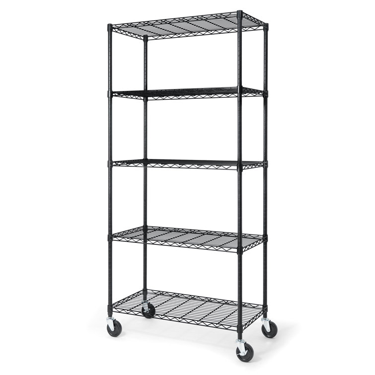 Black 5-Tier Adjustable Metal Wire Shelving Unit with Wheels