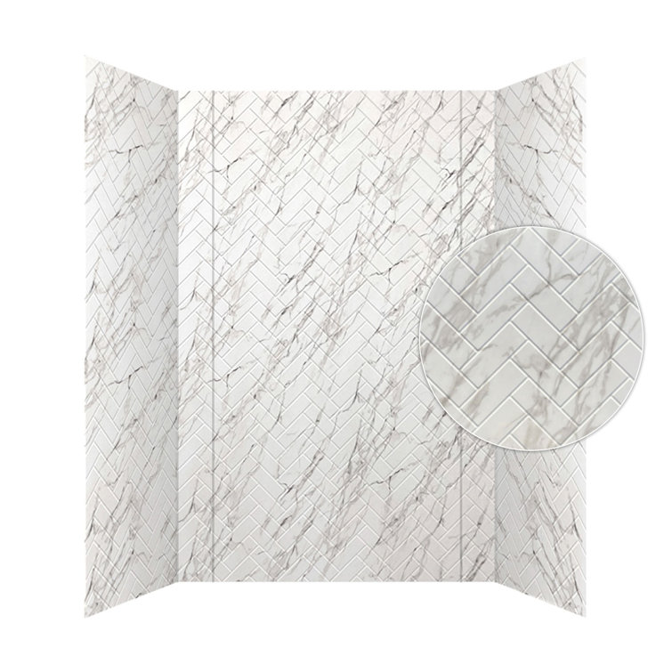 Marble Herringbone Tile PVC Tub and Shower Wall Panels