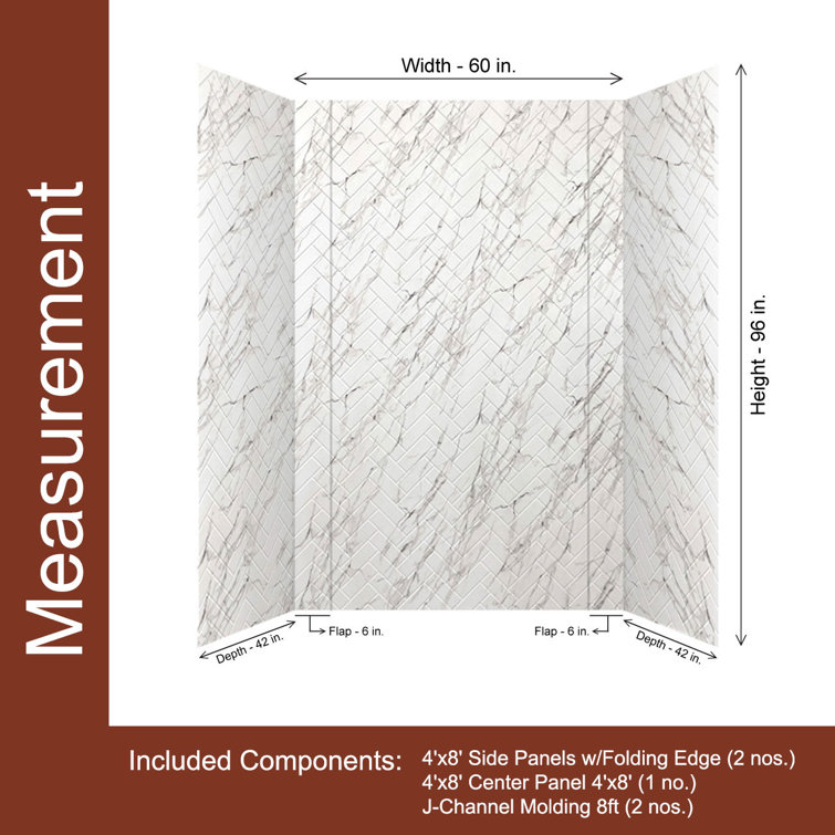 Marble Herringbone Tile PVC Tub and Shower Wall Panels