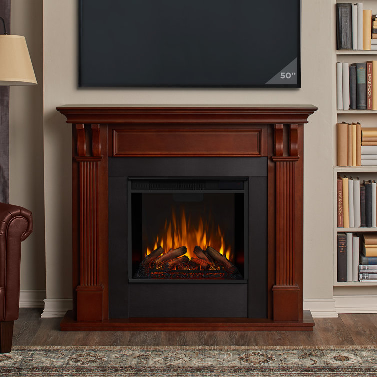 Mahogany 48-Inch Electric Fireplace with Carved Pilasters