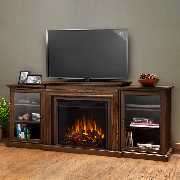 Chestnut Oak 72" TV Stand with Electric Fireplace and Glass Cabinets