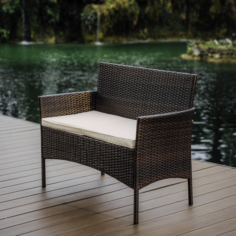 4-Piece Brown Wicker Outdoor Seating Set with Beige Cushions
