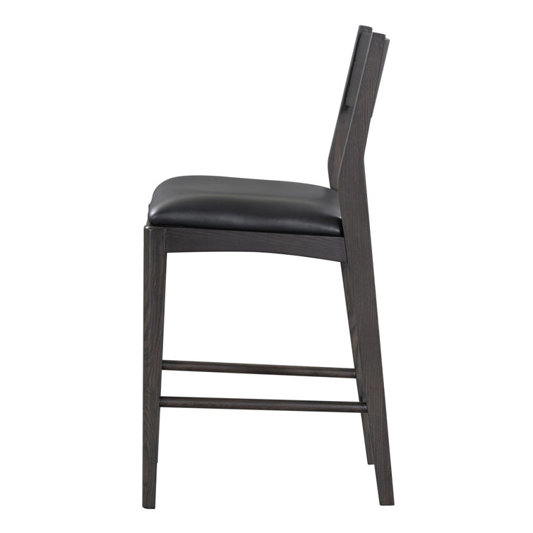 Jet Black Genuine Leather and Ash Wood Counter Stool