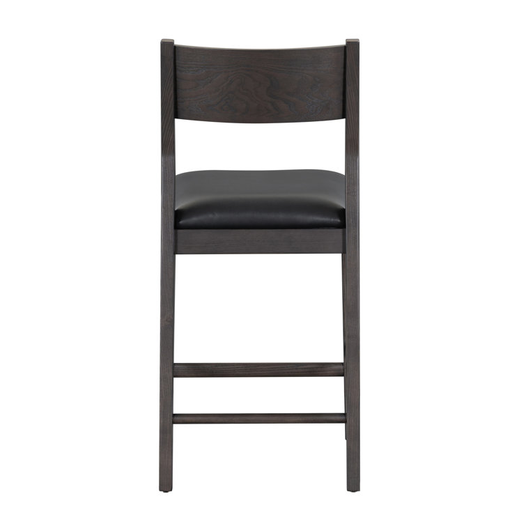 Jet Black Genuine Leather and Ash Wood Counter Stool
