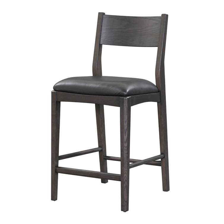 Jet Black Genuine Leather and Ash Wood Counter Stool