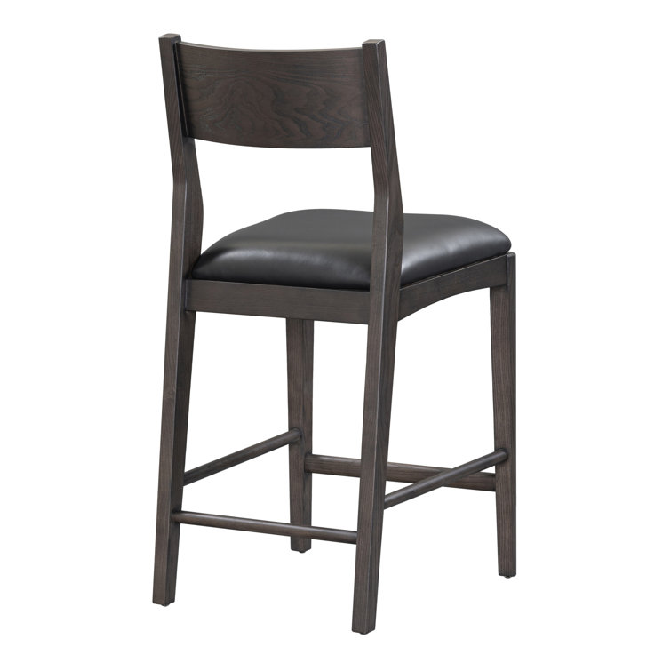 Jet Black Genuine Leather and Ash Wood Counter Stool