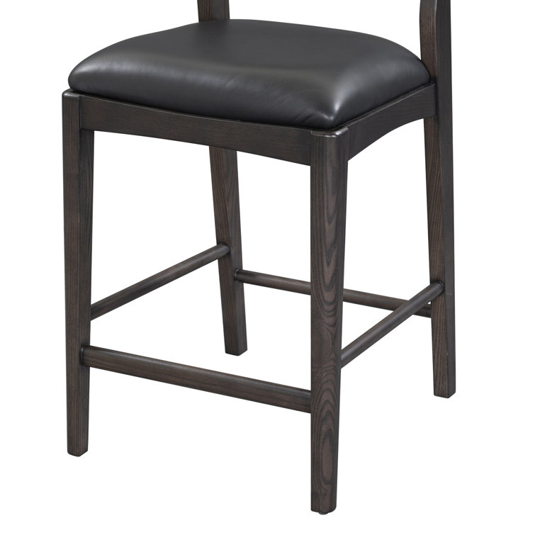 Jet Black Genuine Leather and Ash Wood Counter Stool