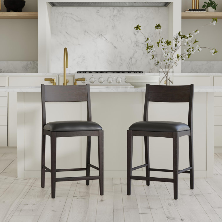 Jet Black Genuine Leather and Ash Wood Counter Stool