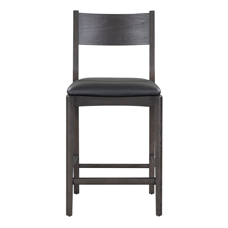 Jet Black Genuine Leather and Ash Wood Counter Stool