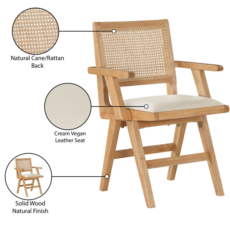Cream Faux Leather Upholstered Arm Chair with Natural Cane Back