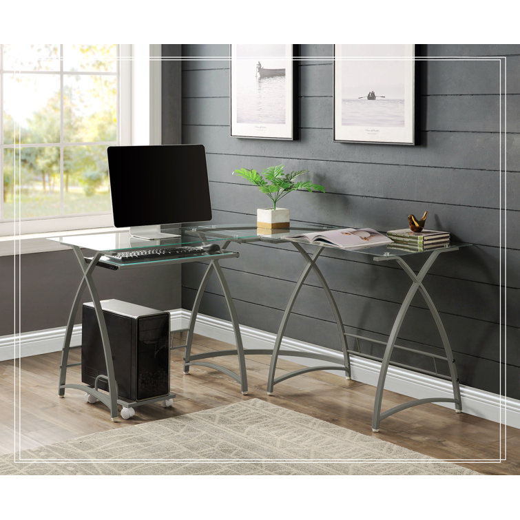 Dazenus Executive Black Glass Corner Desk with USB Port & Filing Cabinet