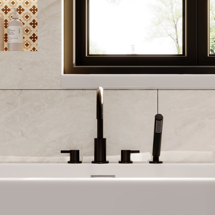 Matte Black Double Handle Deck-Mount Tub Faucet with Hand Shower