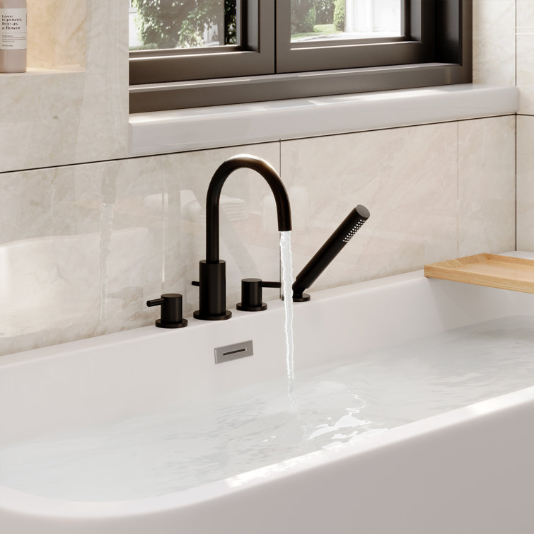 Matte Black Double Handle Deck-Mount Tub Faucet with Hand Shower
