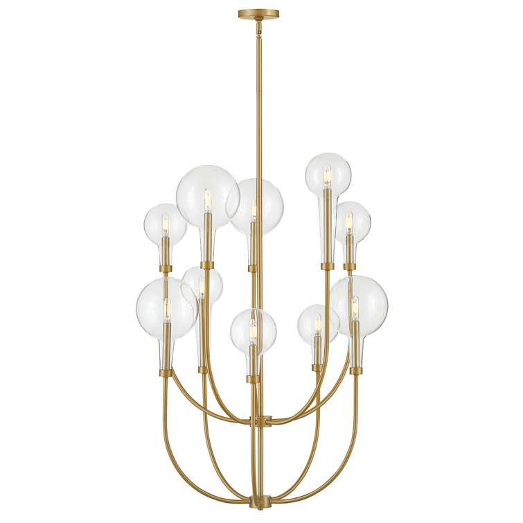 Lacquered Brass 10-Light Multi-Tier Chandelier with Clear Glass Shades