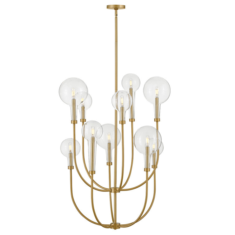 Lacquered Brass 10-Light Multi-Tier Chandelier with Clear Glass Shades