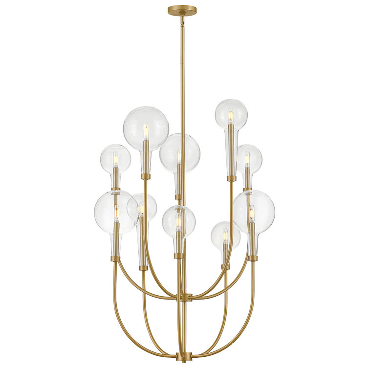 Lacquered Brass 10-Light Multi-Tier Chandelier with Clear Glass Shades