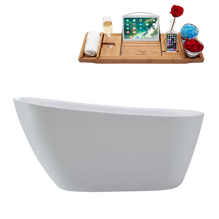 59'' Glossy White Freestanding Acrylic Bathtub with Gold Trim