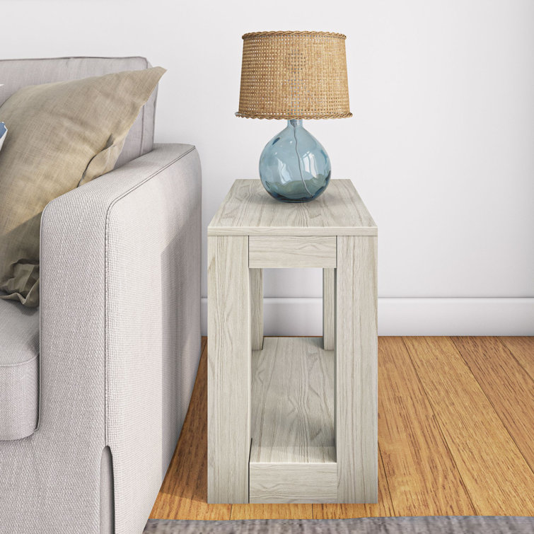 White Sand Wirebrush Solid Wood Rectangular Side Table with Shelf