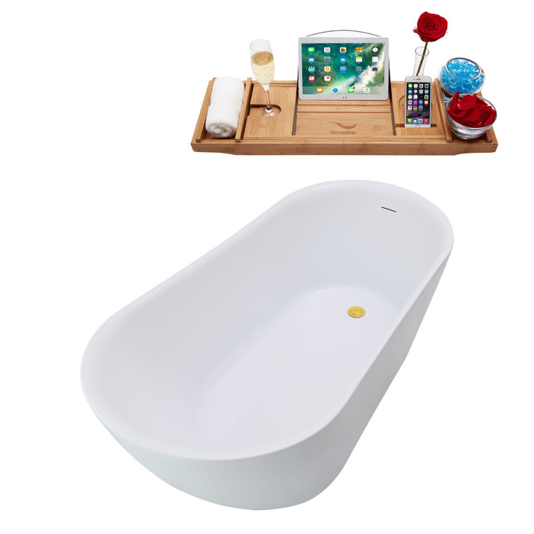59'' Glossy White Freestanding Acrylic Bathtub with Gold Trim