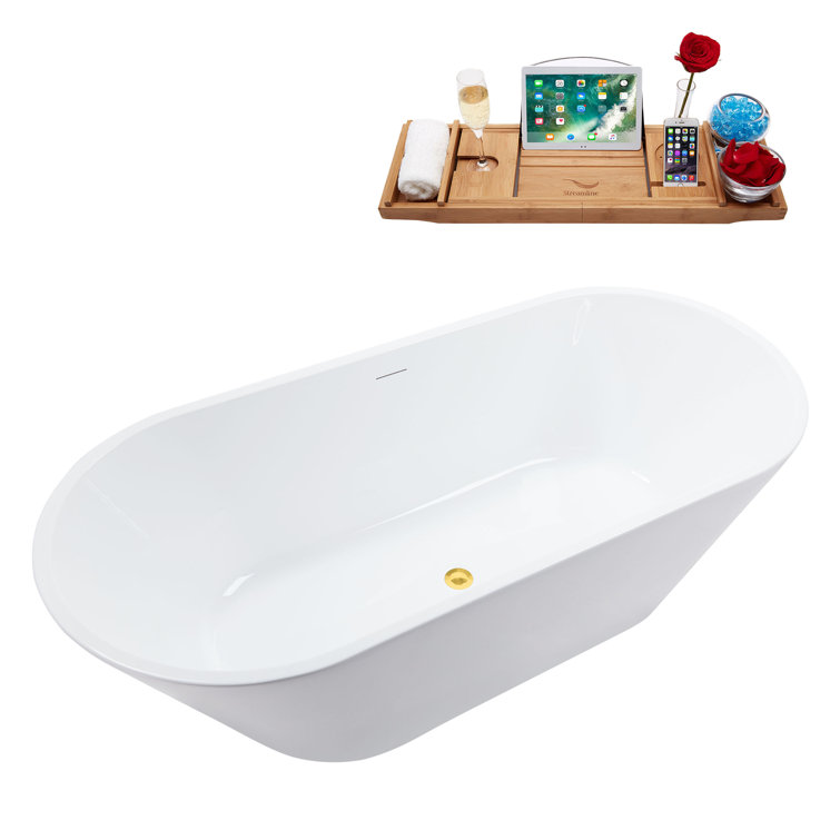 70'' White Acrylic Freestanding Soaking Bathtub with Gold Hardware