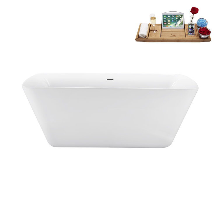 59'' Glossy White Acrylic Freestanding Soaking Bathtub with Brushed GunMetal Drain
