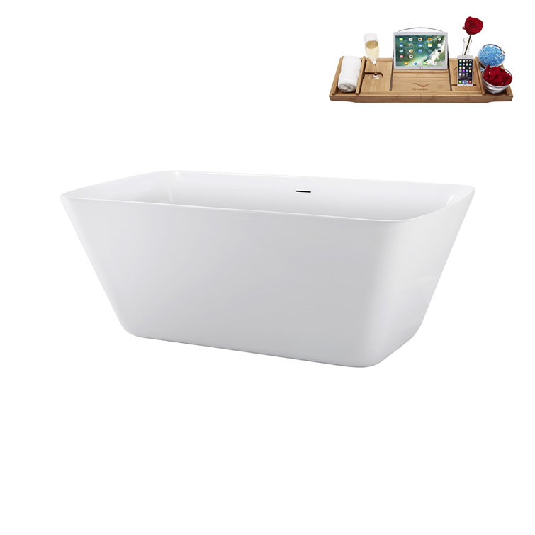 59'' Glossy White Acrylic Freestanding Soaking Bathtub with Brushed GunMetal Drain