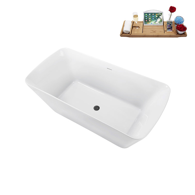 59'' Glossy White Acrylic Freestanding Soaking Bathtub with Brushed GunMetal Drain
