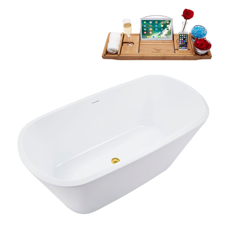59'' Glossy White Acrylic Freestanding Soaking Bathtub with Gold Drain