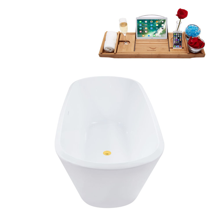 59'' Glossy White Acrylic Freestanding Soaking Bathtub with Gold Drain