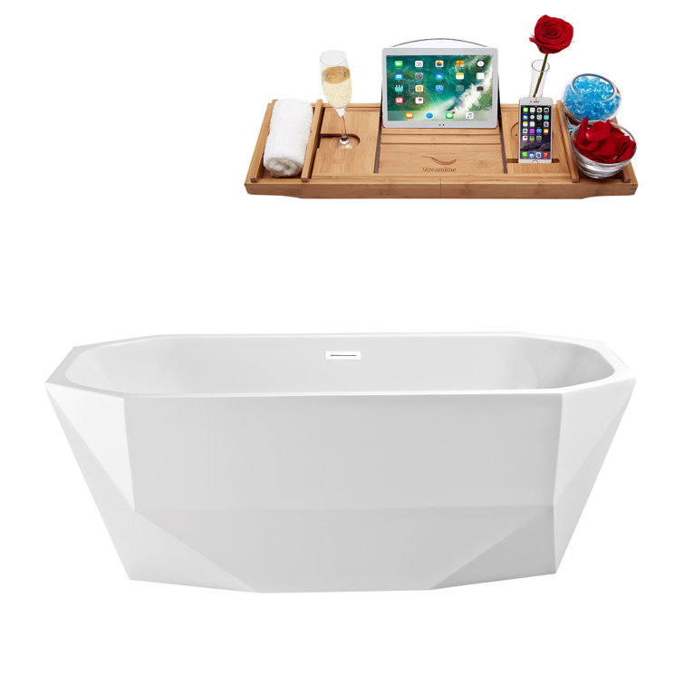 Glossy White Freestanding Acrylic Bathtub with Bamboo Tray