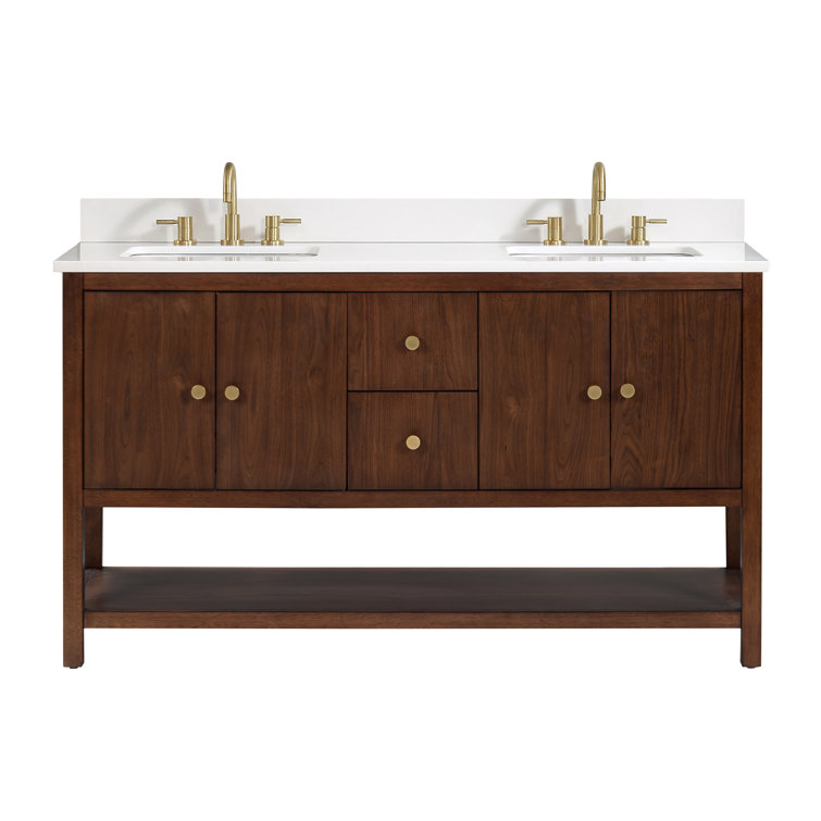 Zoe 61-Inch Walnut Double Sink Vanity with White Quartz Top