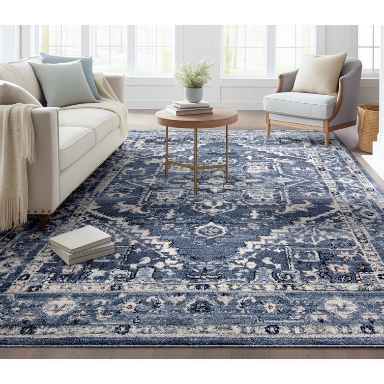 Denim Blue Rectangular Synthetic Vintage Medallion Rug 5' x 7'