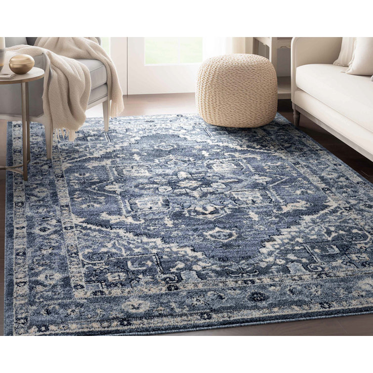Denim Blue Rectangular Synthetic Vintage Medallion Rug 5' x 7'