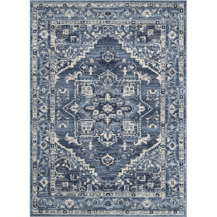 Denim Blue Rectangular Synthetic Vintage Medallion Rug 5' x 7'