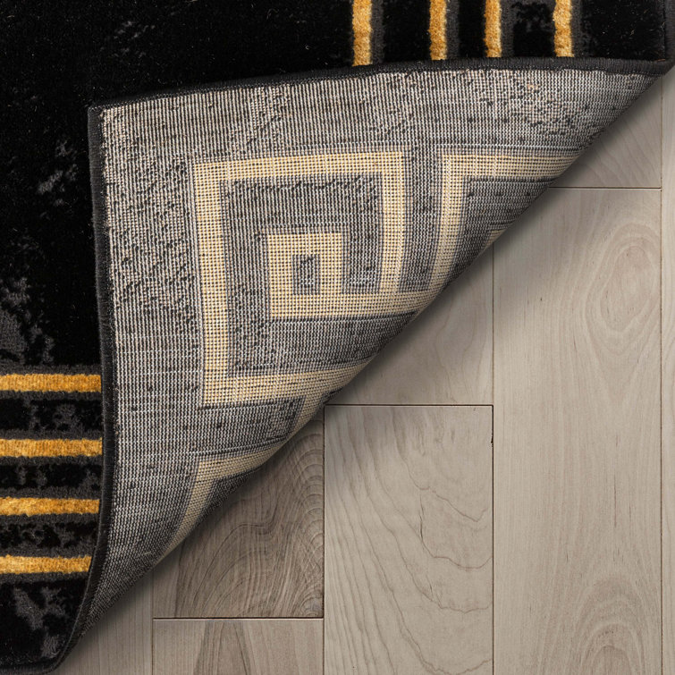 Black and Gold Abstract Rectangular Synthetic Area Rug 5'3" x 7'3"