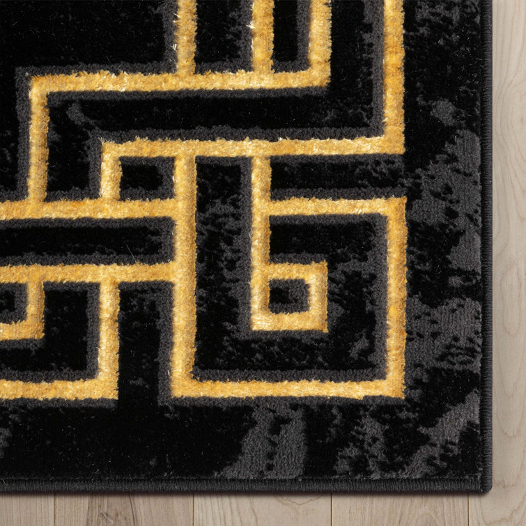 Black and Gold Abstract Rectangular Synthetic Area Rug