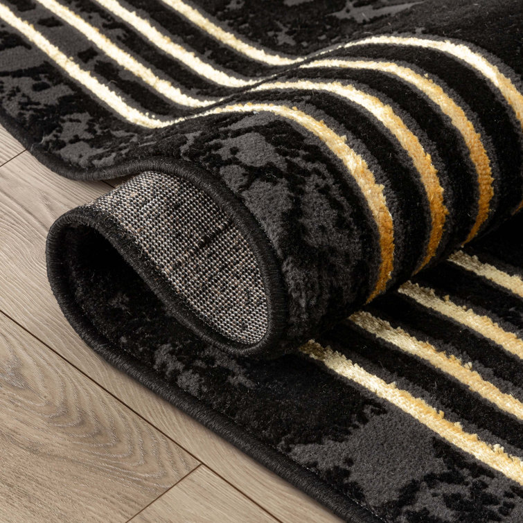 Black and Gold Abstract Rectangular Synthetic Area Rug