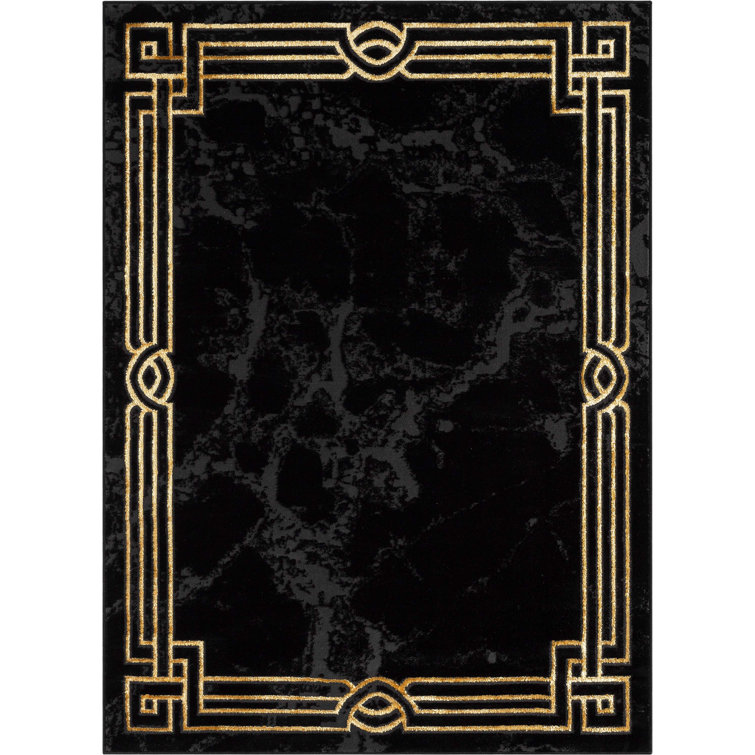 Black and Gold Abstract Rectangular Synthetic Area Rug 5'3" x 7'3"